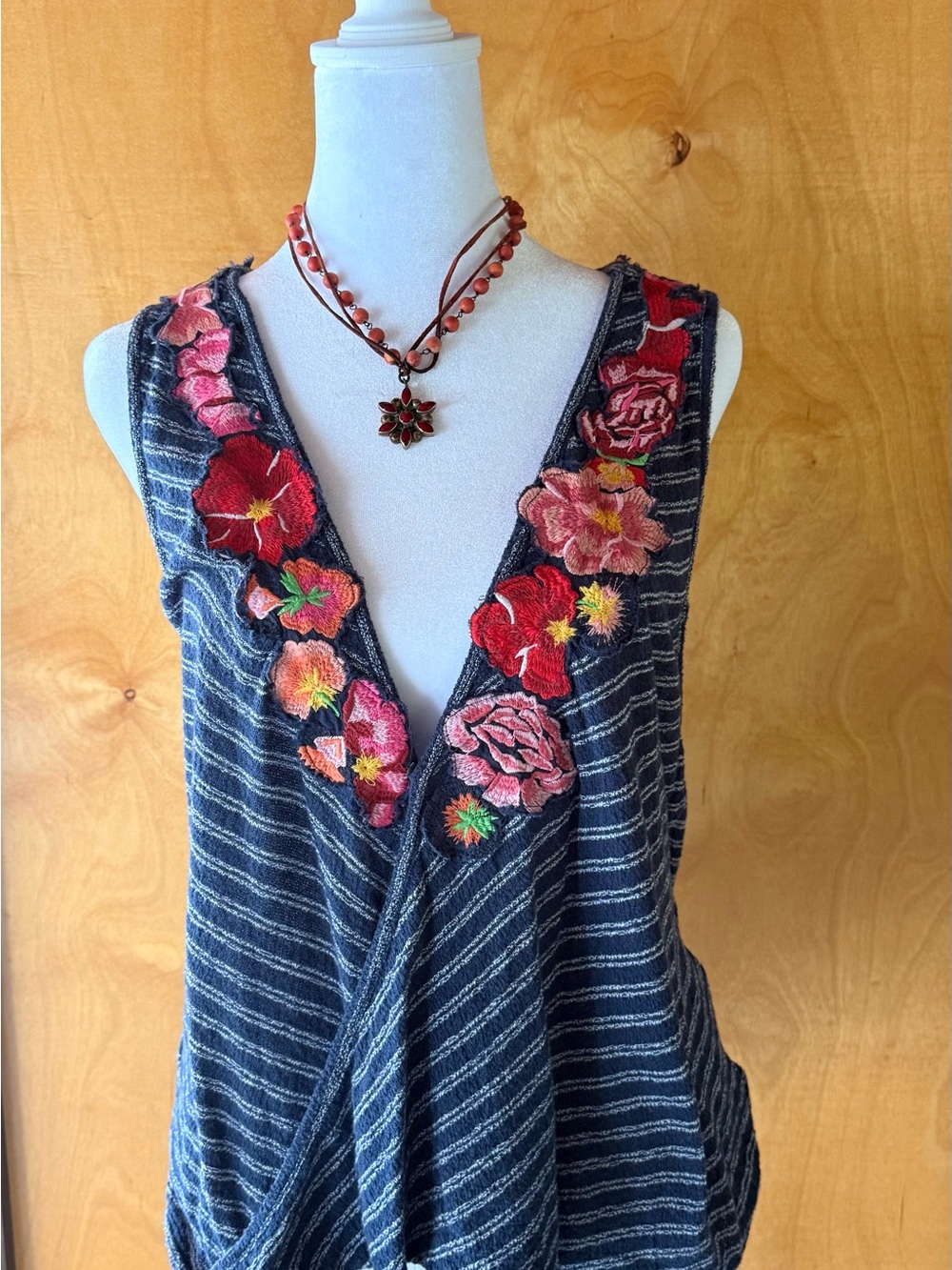 Free People Navy Striped Tank with Floral Embroidery